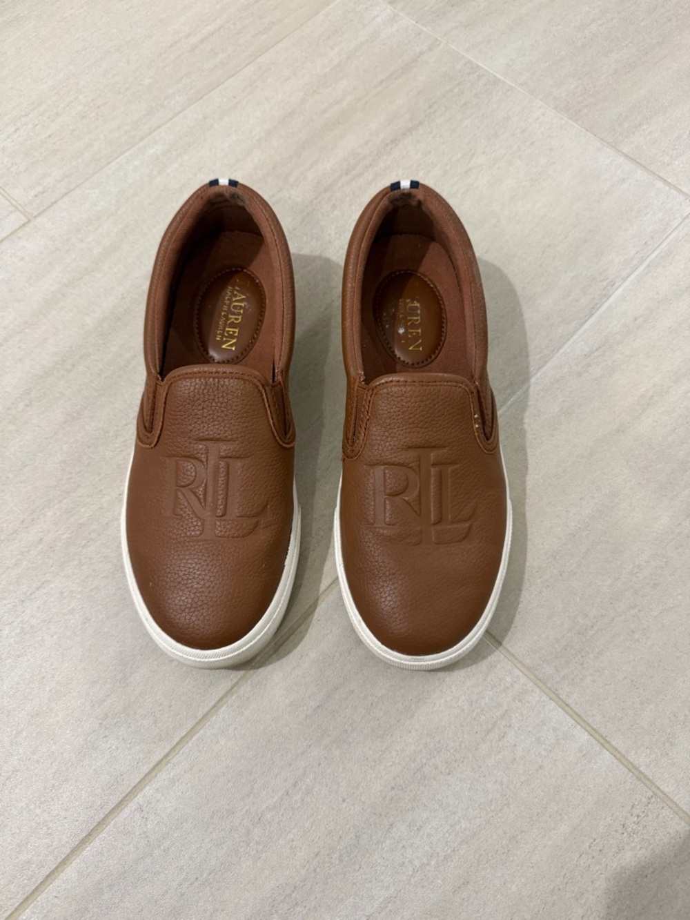 Ralph Lauren Brown Leather Embossed RL Slip-On Sneakers
